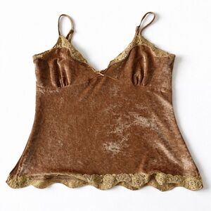 Y2K Vintage MKM Designs Velvet Camisole Top Lace Trim Brown Gold L Slip Tank